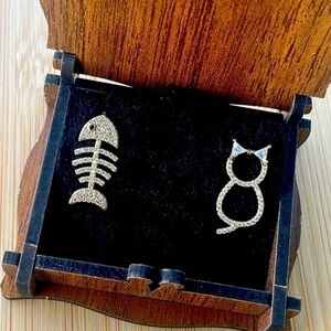Brand New Kitty Cat & Bone Fish Mismatched Post Earrings Pave Crystal Pet Lover